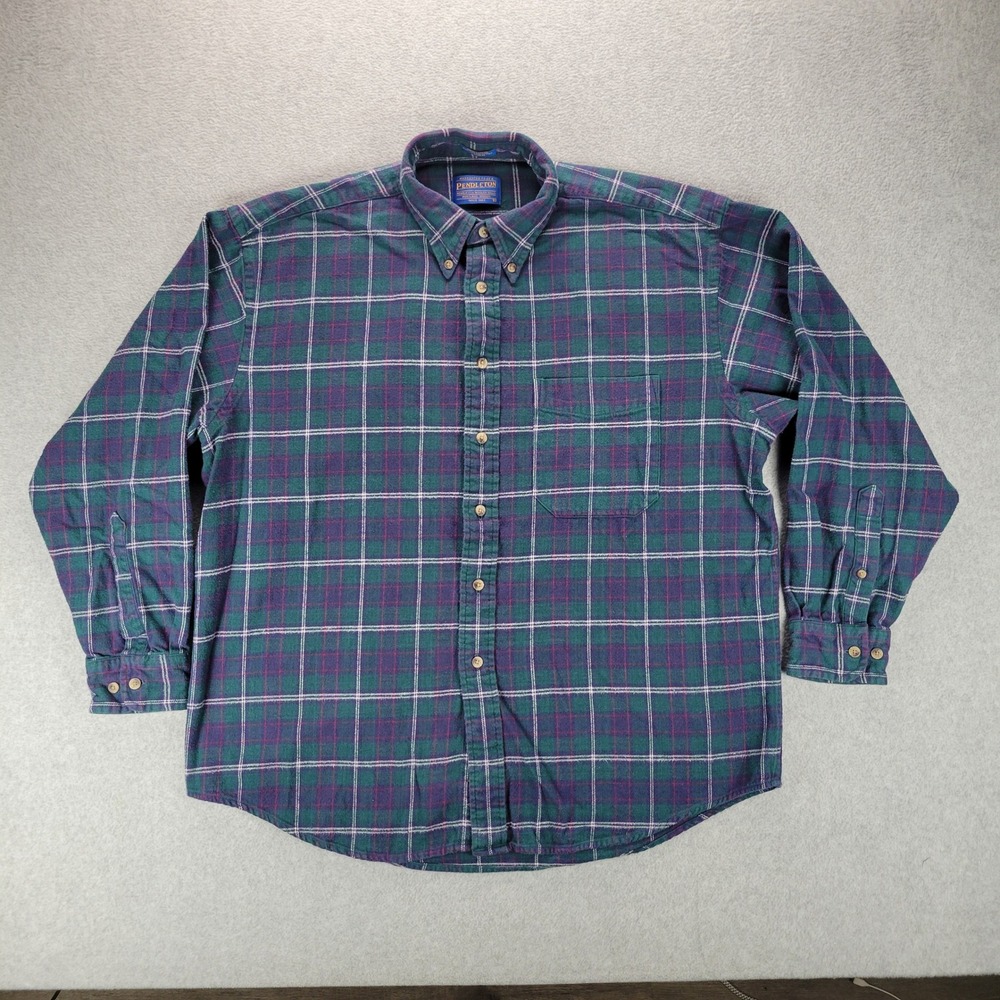 Pendleton Mens Large Plaid Cotton Flannel Button Down Shirt Green Purple‎ 70Z358